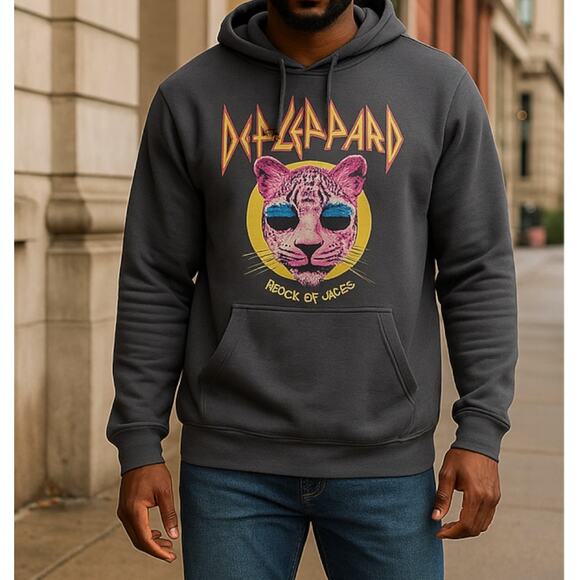 UNISEX Def Leppard Rock of Ages Charcoal Hoodie Pink Leopard - Small - NWT - Picture 3 of 9